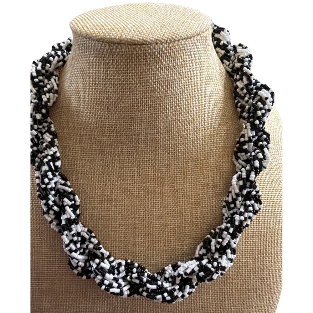 CG Black and White Braided Seed Bead‎ Multi Strand Twisted Rope Necklace Chunky
